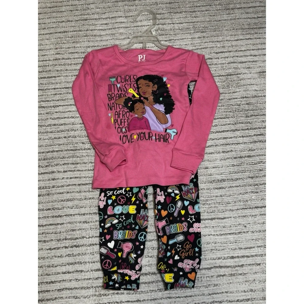 NWT PJ Place Girls 2T Pajama Set Pink Black Curls‎ Braids Natural Hair Graphic